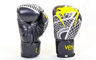 Перчатки боксерские FLEX на липучке VENUM SNAKER VL-5795-BK (р-р 4-12oz, черный-желтый)(Р¤РѕС‚Рѕ 1)