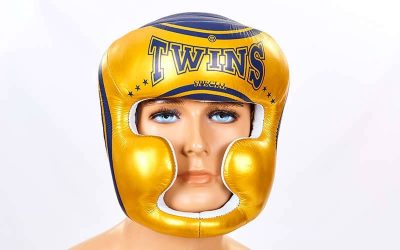 Шлем боксерский с полной защитой кожаный TWINS FHGL-3-TW Золотой/Синий(Р¤РѕС‚Рѕ 2)