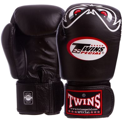 Перчатки боксерские кожаные на липучке TWINS FBGVL3-25-BK (р-р 10-14 oz, черный)(Р¤РѕС‚Рѕ 1)