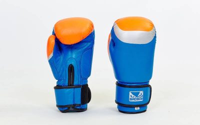 Перчатки боксерские кожаные на липучке BAD BOY MA-5433 (р-р 10-12oz, синий-серый-оранжевый)(Р¤РѕС‚Рѕ 1)